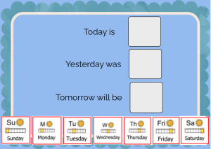 Visual example of calendar with cards students can place in order to answer.