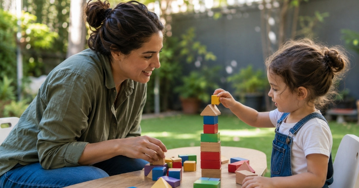 ABA therapist and child stacking blocks outside